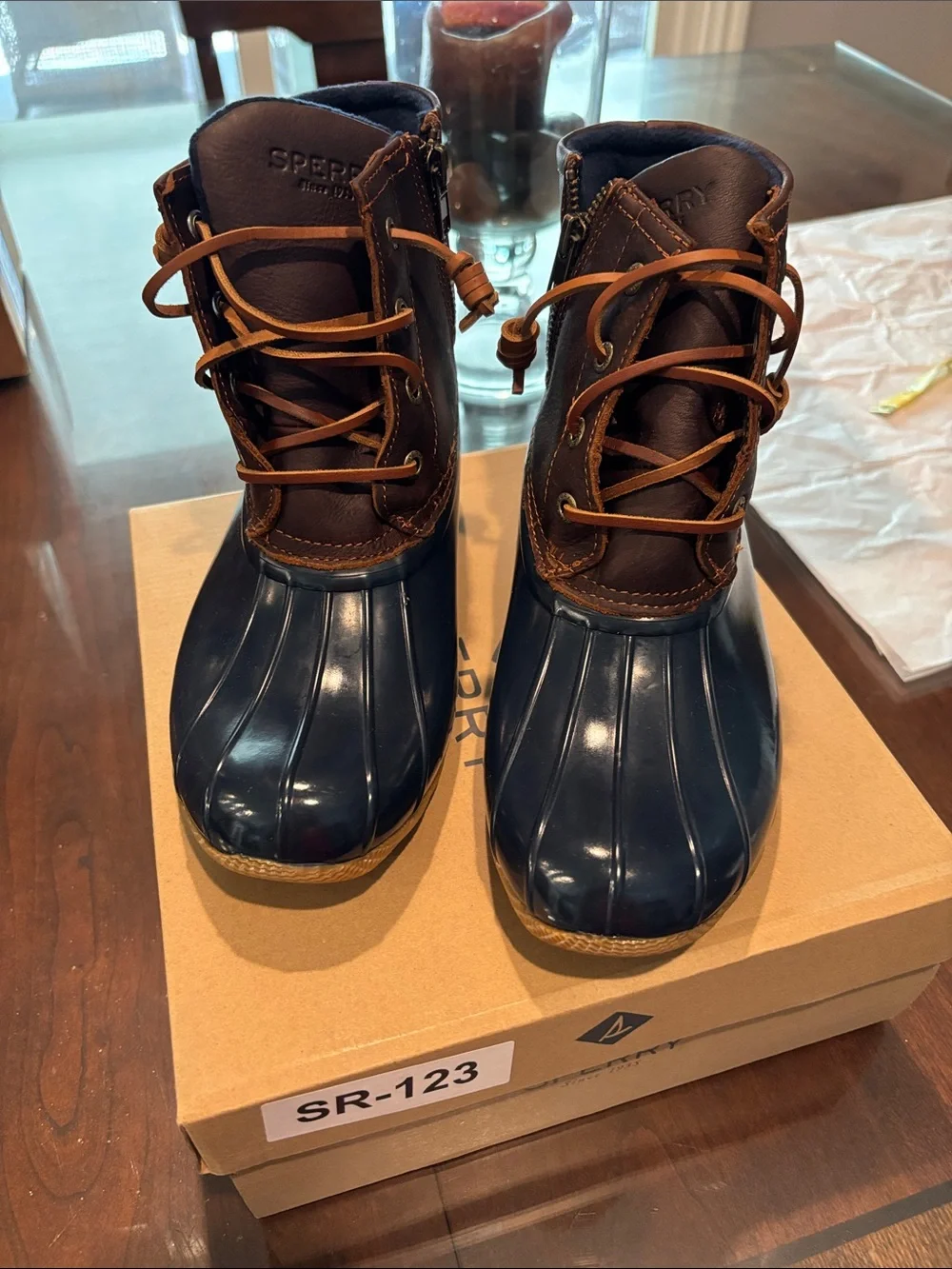 Sperry Saltwater Navy Blue and Brown Women's Winter Rain Duck Boots